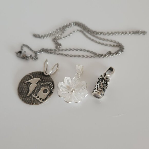 Set of 3 Pendants in Sterling Silver and One Stainless Steel Chain - Picture 1 of 13
